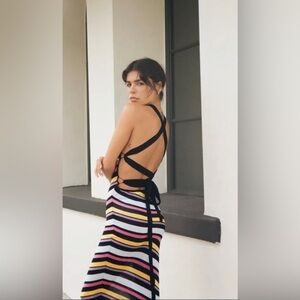 ZARA black‎ Yellow diagonal striped back laceup KNIT maxi DRESS size medium new